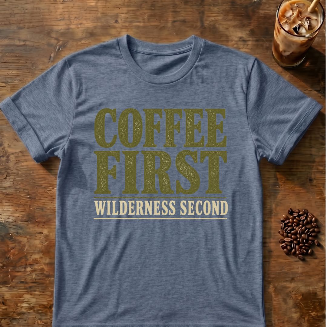 Coffee graphic for Coffee First Wilderness Second on heather-indigo T-shirt