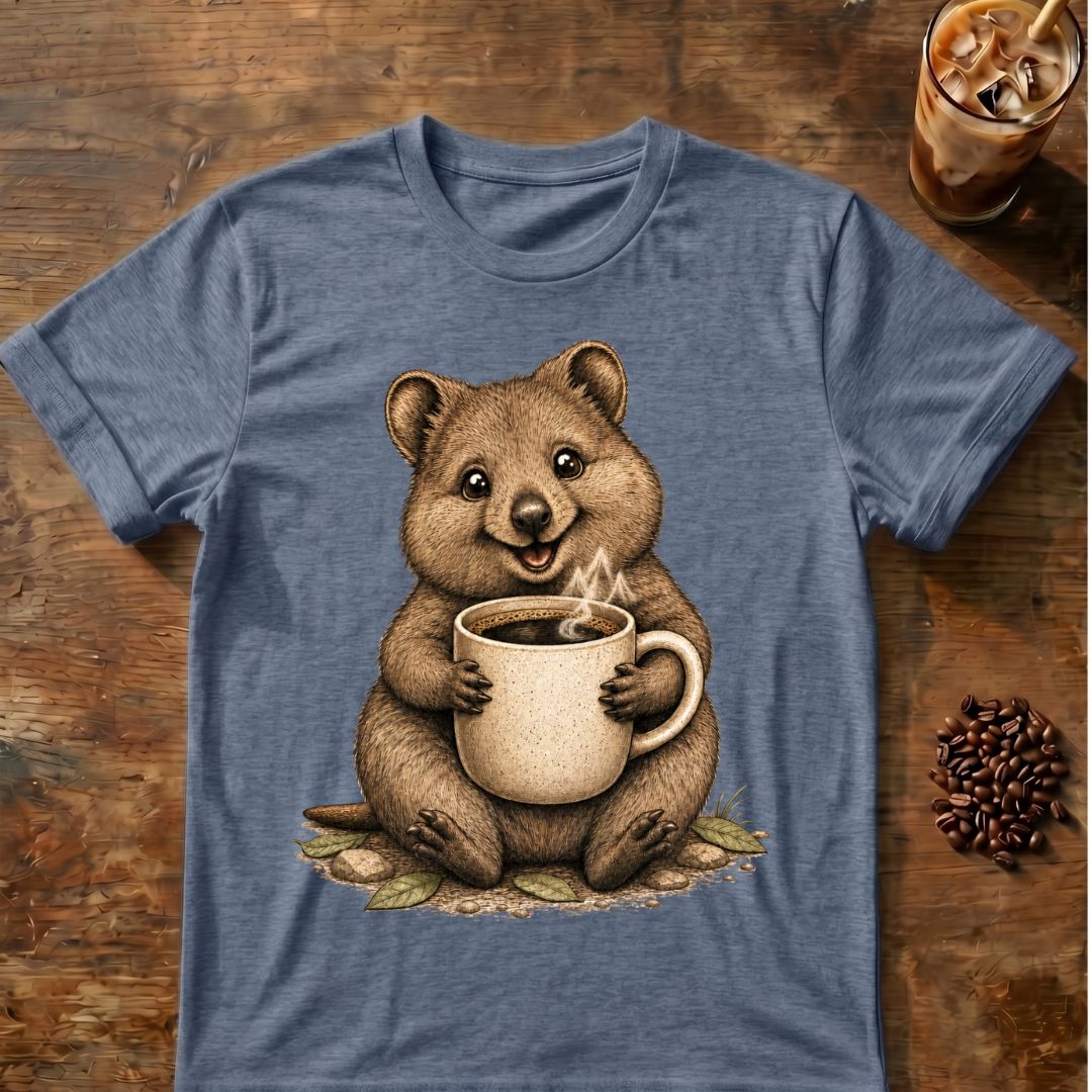 Quokka coffee graphic on a Heather Indigo T-shirt