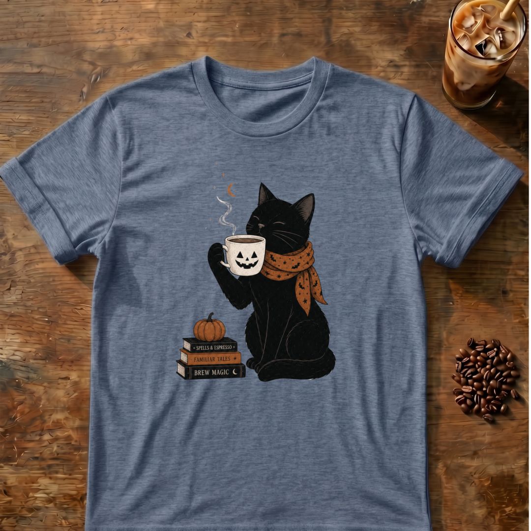 Cat coffee graphic for Halloween Black Cat Coffee on heather-indigo T-shirt