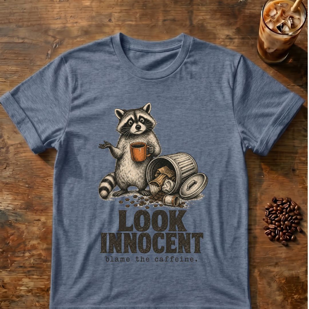 Raccoon holding orange coffee mug beside overturned trash can and spilled coffee beans with “Look Innocent — blame the caffeine” text