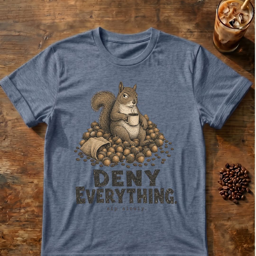 Squirrel coffee graphic for Deny Everything Squirrel on heather-indigo T-shirt