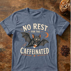 Bat coffee graphic for No Rest Bat on heather-indigo T-shirt