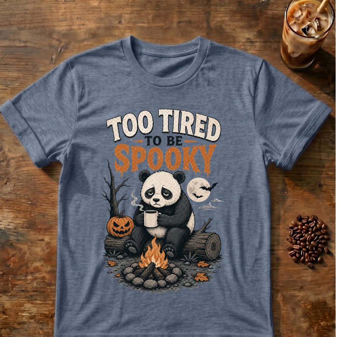 Bat coffee graphic for Too Tired to Be Spooky Panda on heather-indigo T-shirt