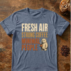 Bear coffee graphic for Fresh Air on heather-indigo T-shirt