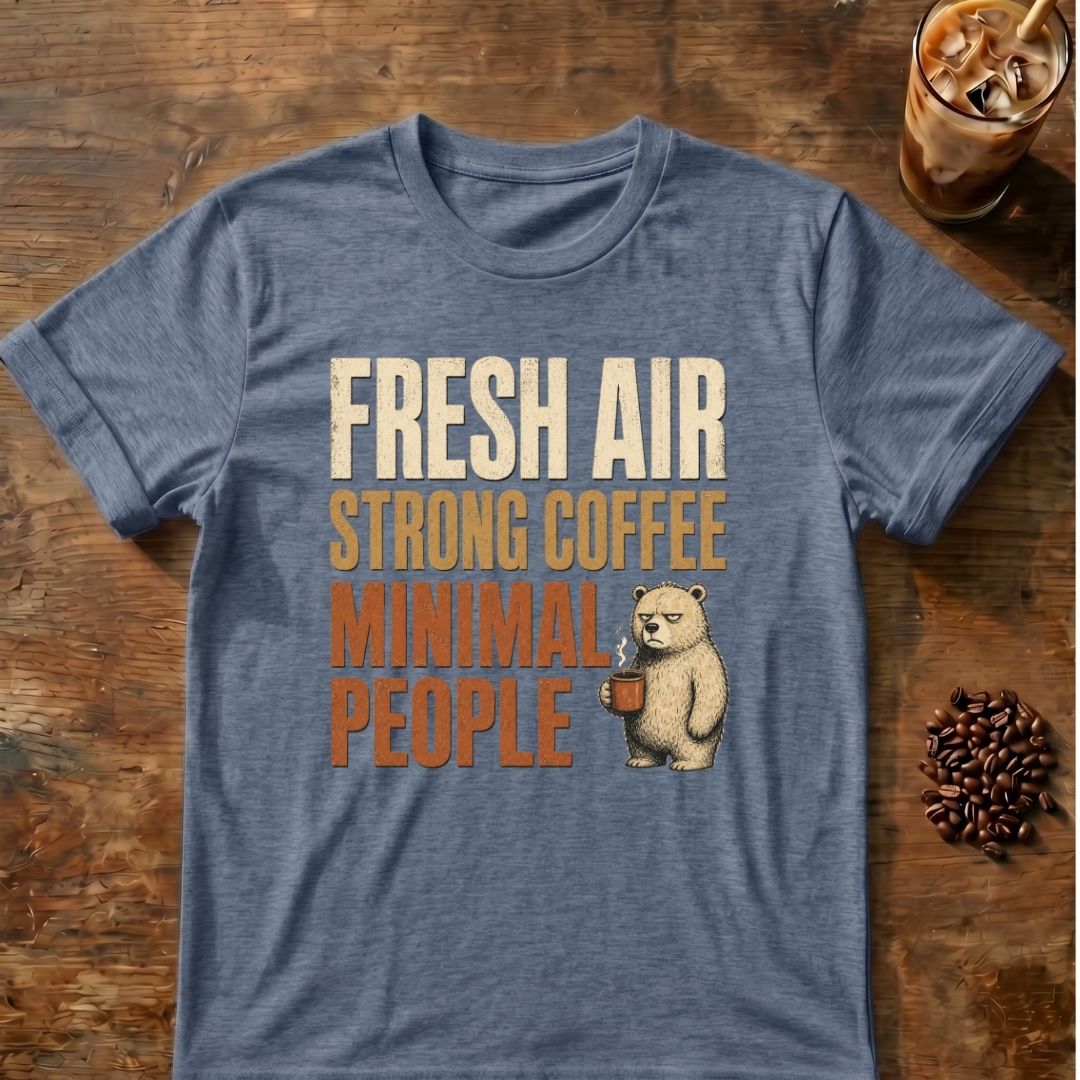 Bear coffee graphic for Fresh Air on heather-indigo T-shirt