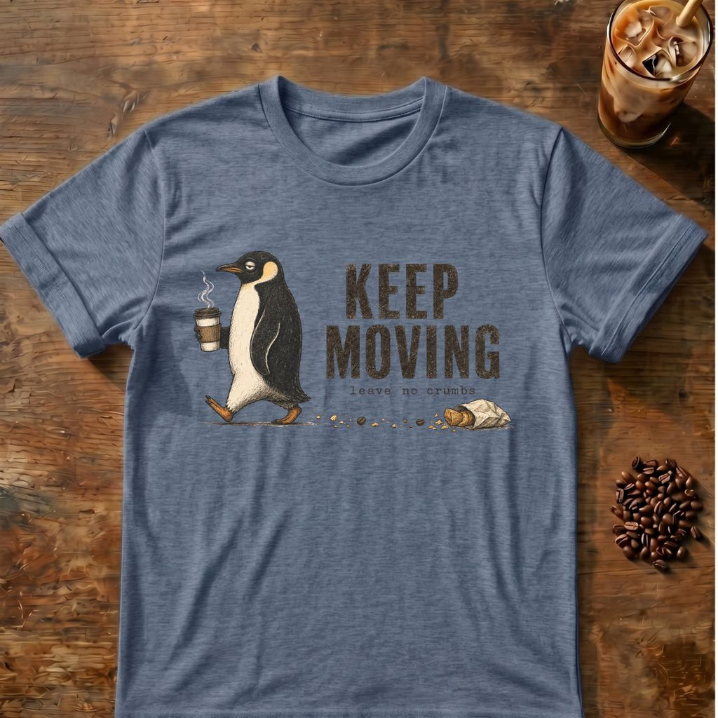 Penguin coffee graphic for Keep Moving Penguin on heather-indigo T-shirt