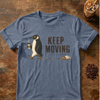 Penguin coffee graphic for Keep Moving Penguin on heather-indigo T-shirt