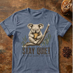 Koala coffee graphic for Stay Quiet Koala on heather-indigo T-shirt