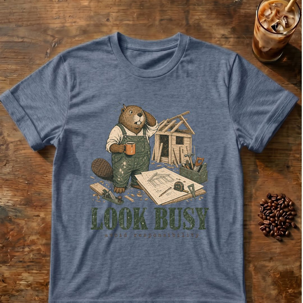 Beaver coffee graphic for Look Busy Beaver on heather-indigo T-shirt