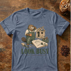 Beaver coffee graphic for Look Busy Beaver on heather-indigo T-shirt