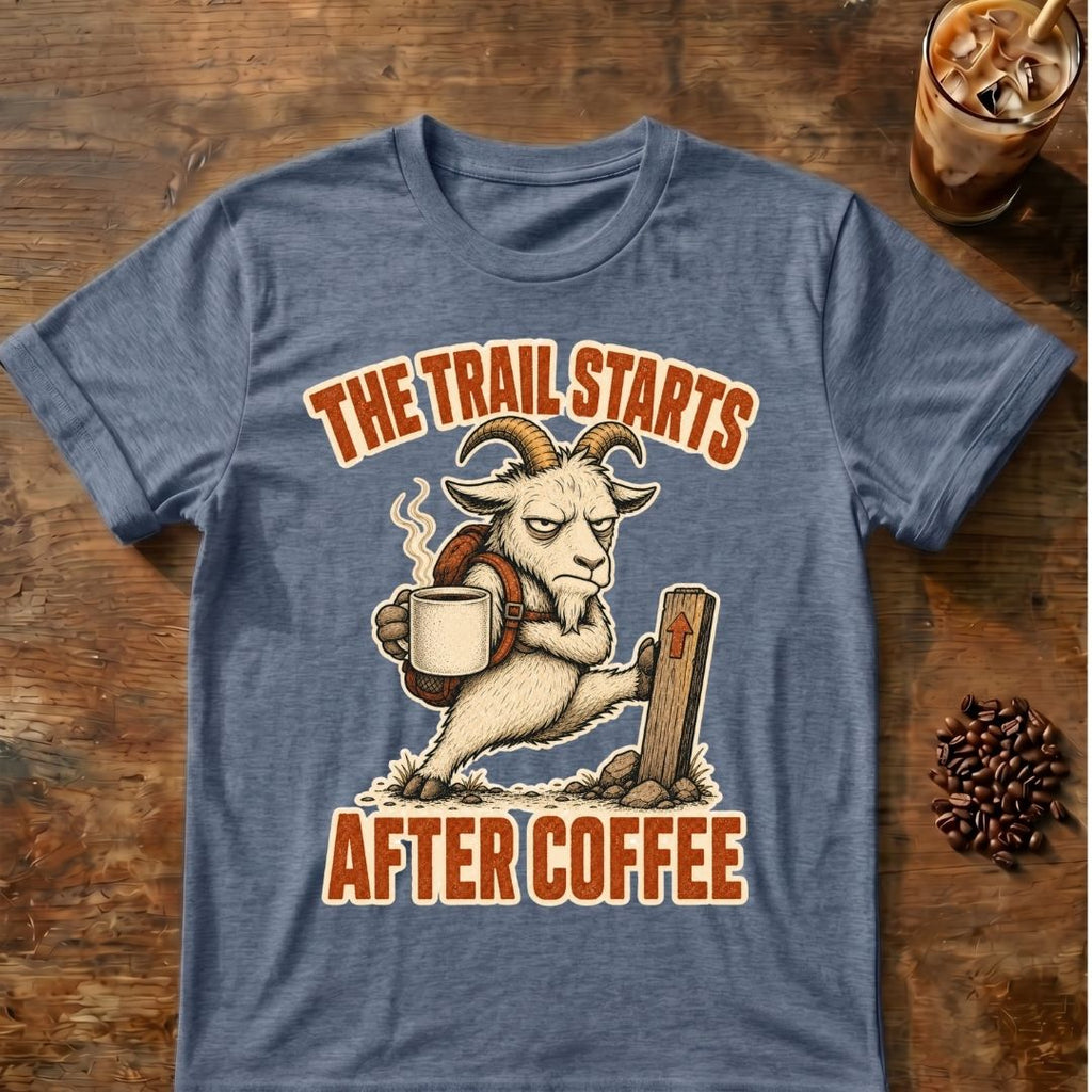 Goat coffee graphic for Trail Starts on heather-indigo T-shirt