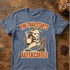 Goat coffee graphic for Trail Starts on heather-indigo T-shirt