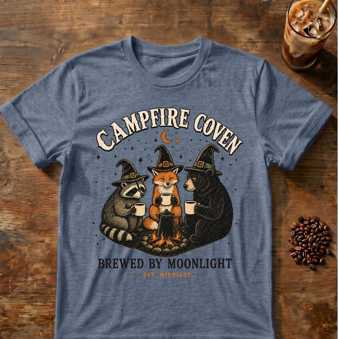 Raccoon coffee graphic for Campfire Coven Coffee on heather-indigo T-shirt