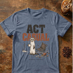 Weasel coffee graphic for Act Casual Weasel on heather-indigo T-shirt