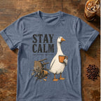 Goose coffee graphic for Stay Calm Goose on heather-indigo T-shirt