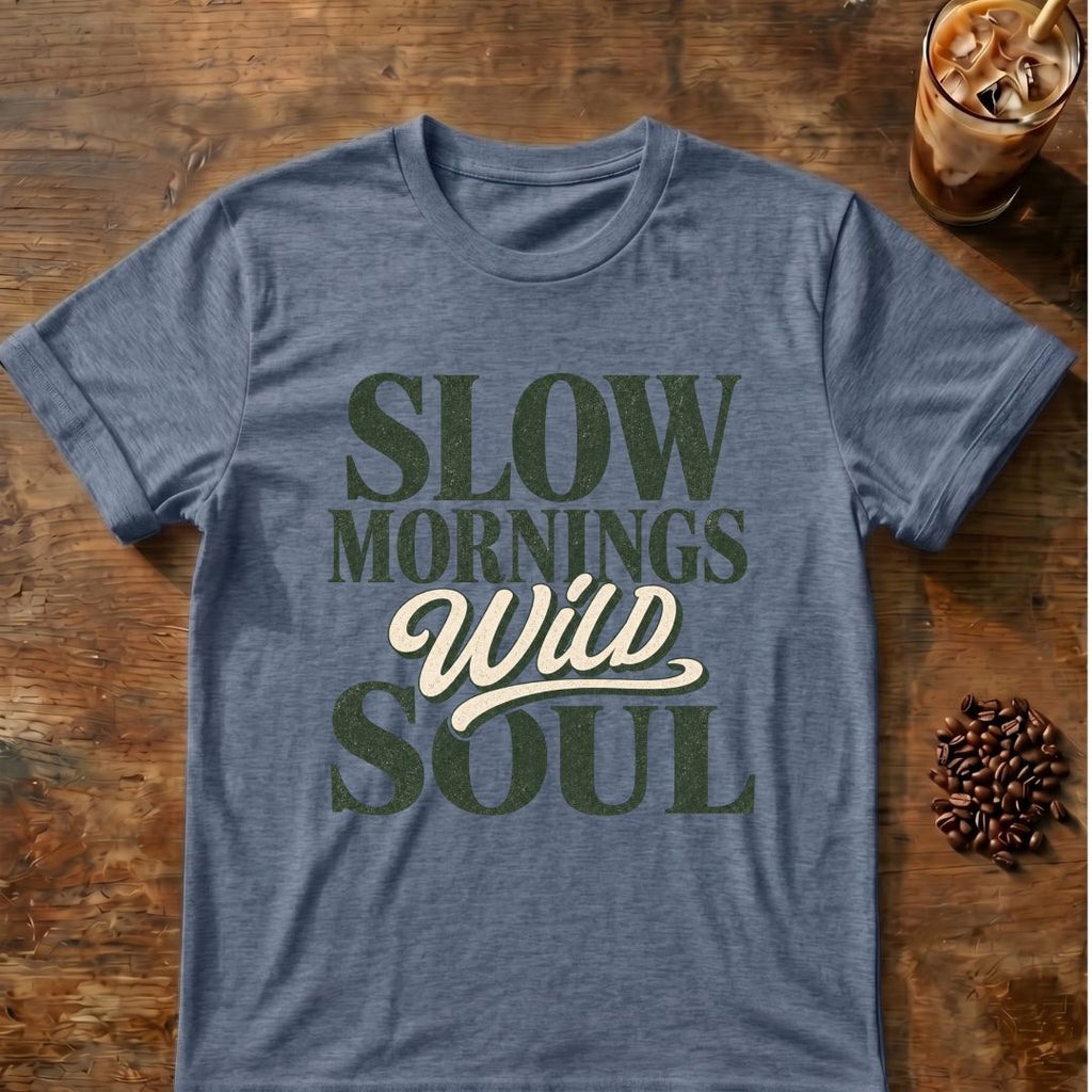 Coffee graphic for Slow Mornings Wild Soul on heather-indigo T-shirt