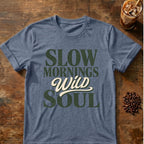 Coffee graphic for Slow Mornings Wild Soul on heather-indigo T-shirt