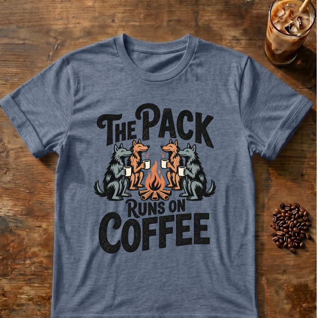 Pack Runs on Coffee graphic on a Heather Indigo T-shirt