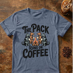 Pack Runs on Coffee graphic on a Heather Indigo T-shirt