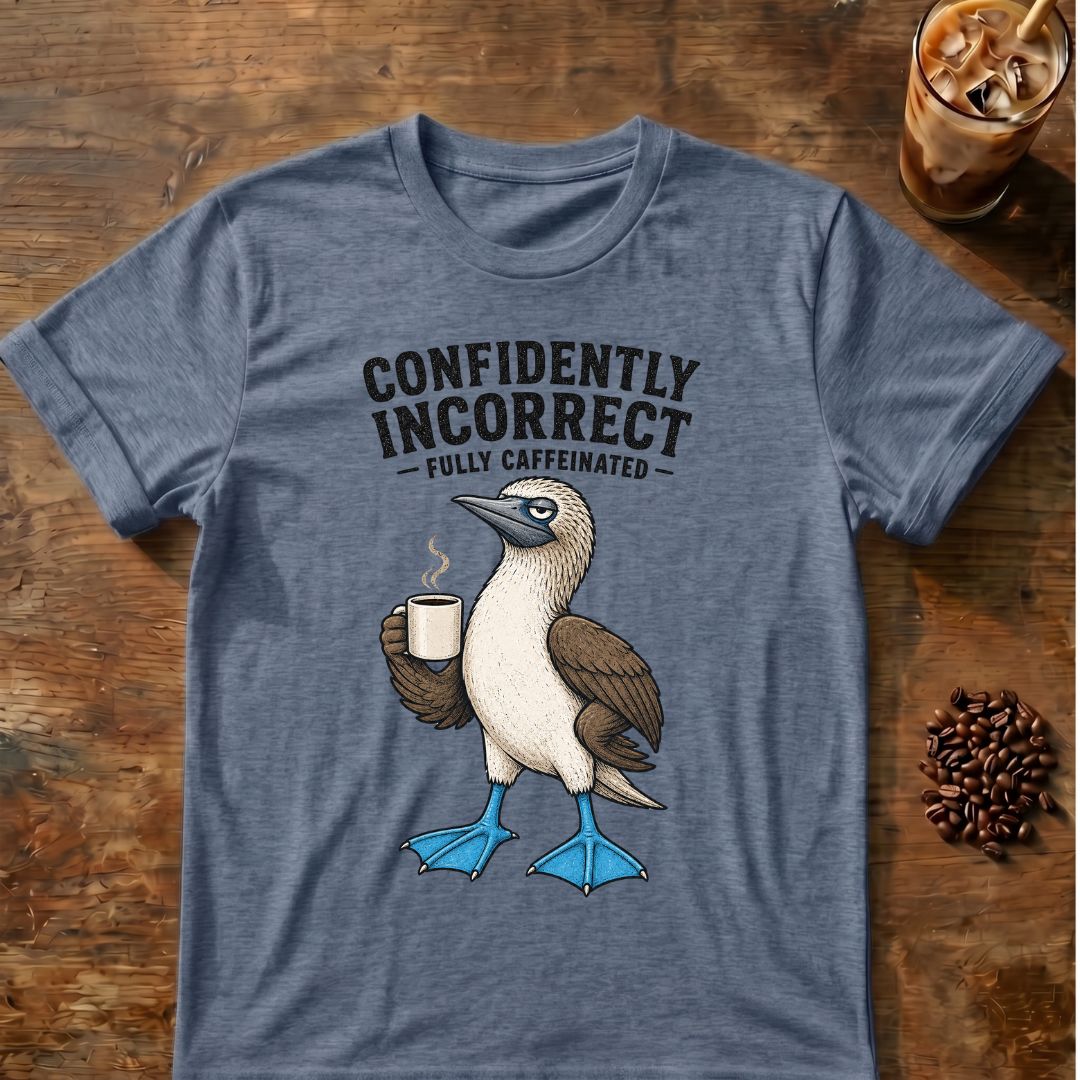 Blue-footed booby “Confidently Incorrect” graphic on a Heather Indigo T-shirt