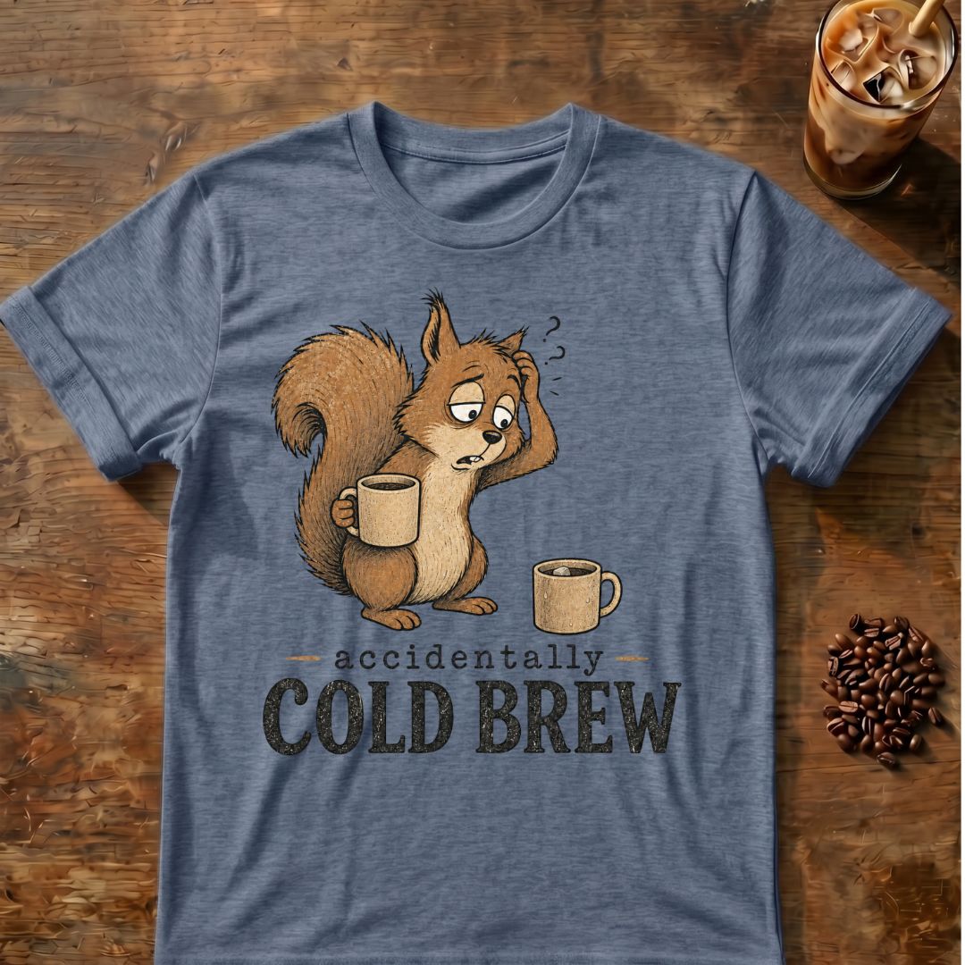 Cold brew squirrel coffee graphic on a Heather Indigo T-shirt