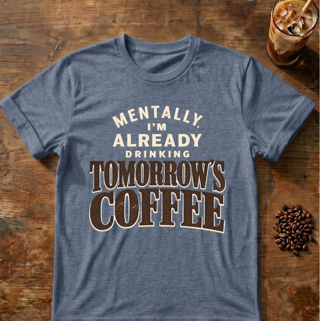 Coffee graphic for Mentally Drinking Tomorrow's Coffee on heather-indigo T-shirt