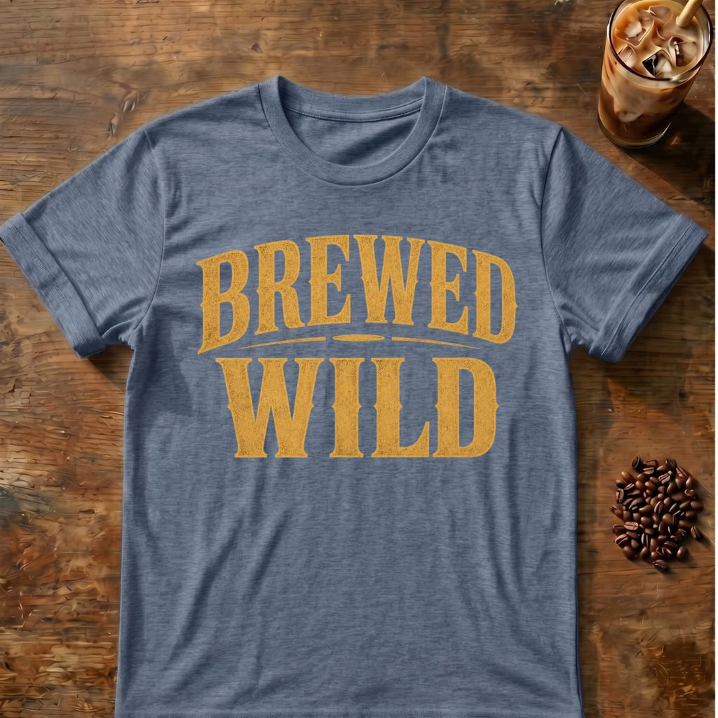 Coffee graphic for Brewed Wild Text on heather-indigo T-shirt