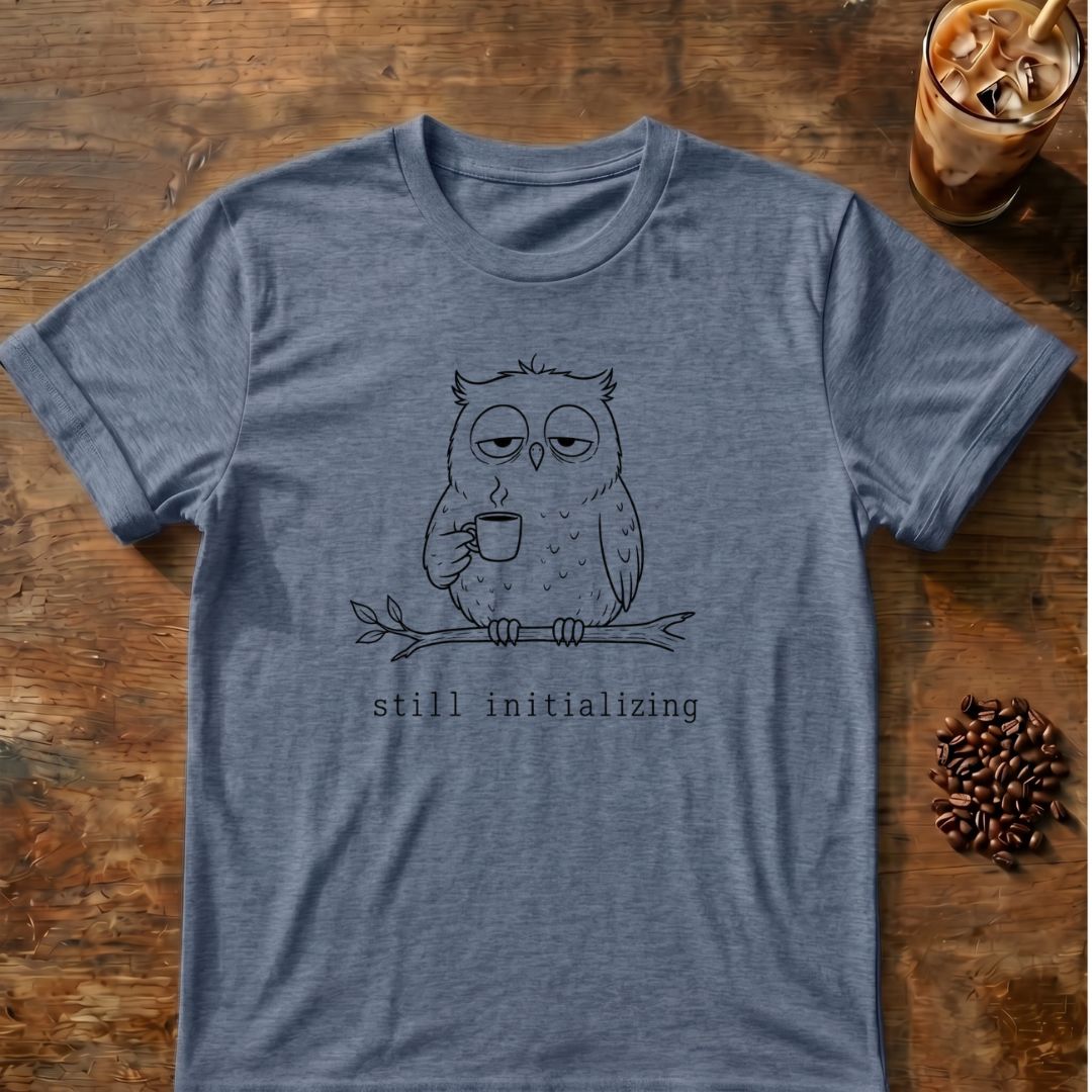 Owl coffee graphic for Minimal Line Art Owl Coffee on heather-indigo T-shirt