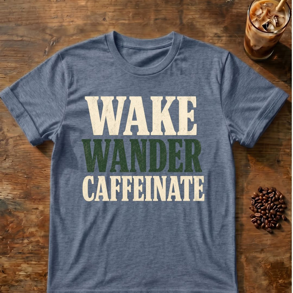 Coffee graphic for Wake Wander Caffeinate on heather-indigo T-shirt