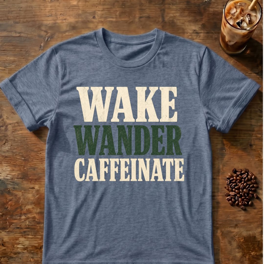 Coffee graphic for Wake Wander Caffeinate on heather-indigo T-shirt