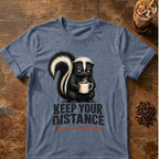 Grumpy skunk holding a steaming coffee mug above distressed text reading Keep Your Distance, with orange script saying I haven’t had my coffee yet. Indigo Heather