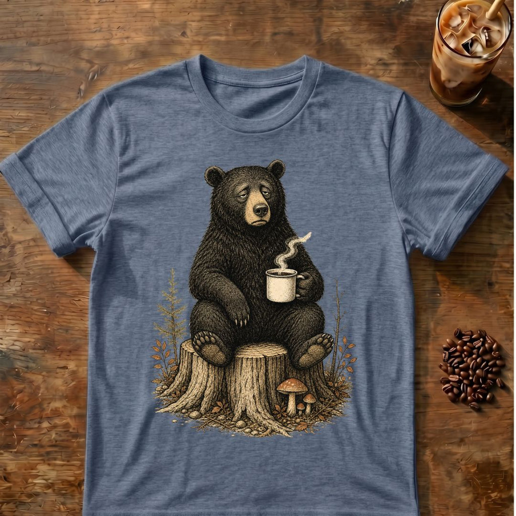 Bear coffee graphic for Sleepy Bear Coffee on heather-indigo T-shirt