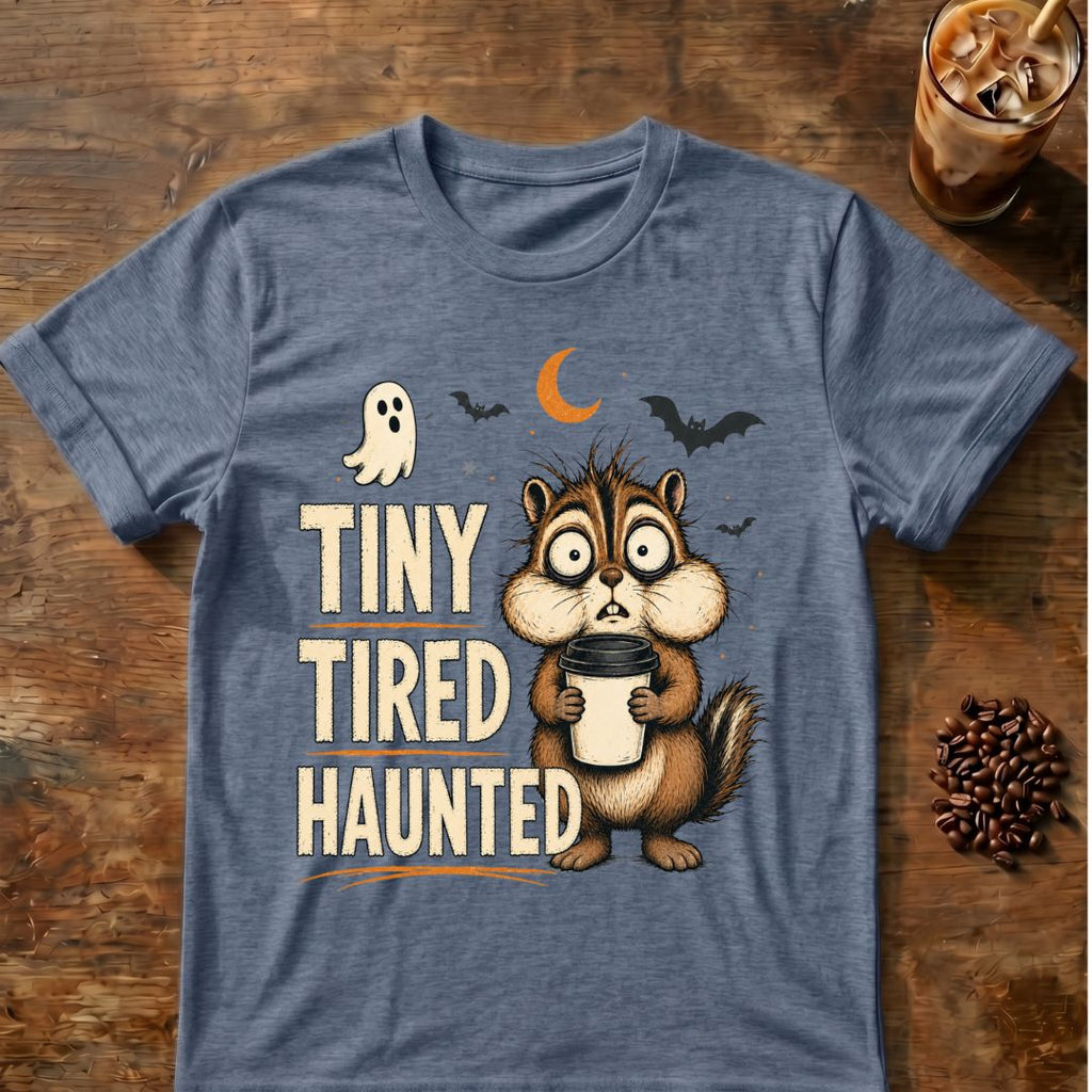 Chipmunk coffee graphic for Tiny Tired Haunted Chipmunk on heather-indigo T-shirt
