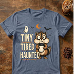 Chipmunk coffee graphic for Tiny Tired Haunted Chipmunk on heather-indigo T-shirt