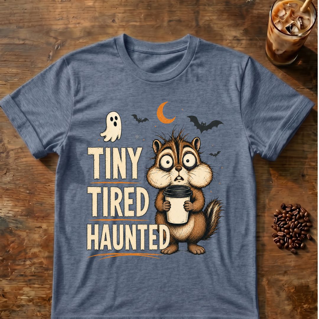 Chipmunk coffee graphic for Tiny Tired Haunted Chipmunk on heather-indigo T-shirt