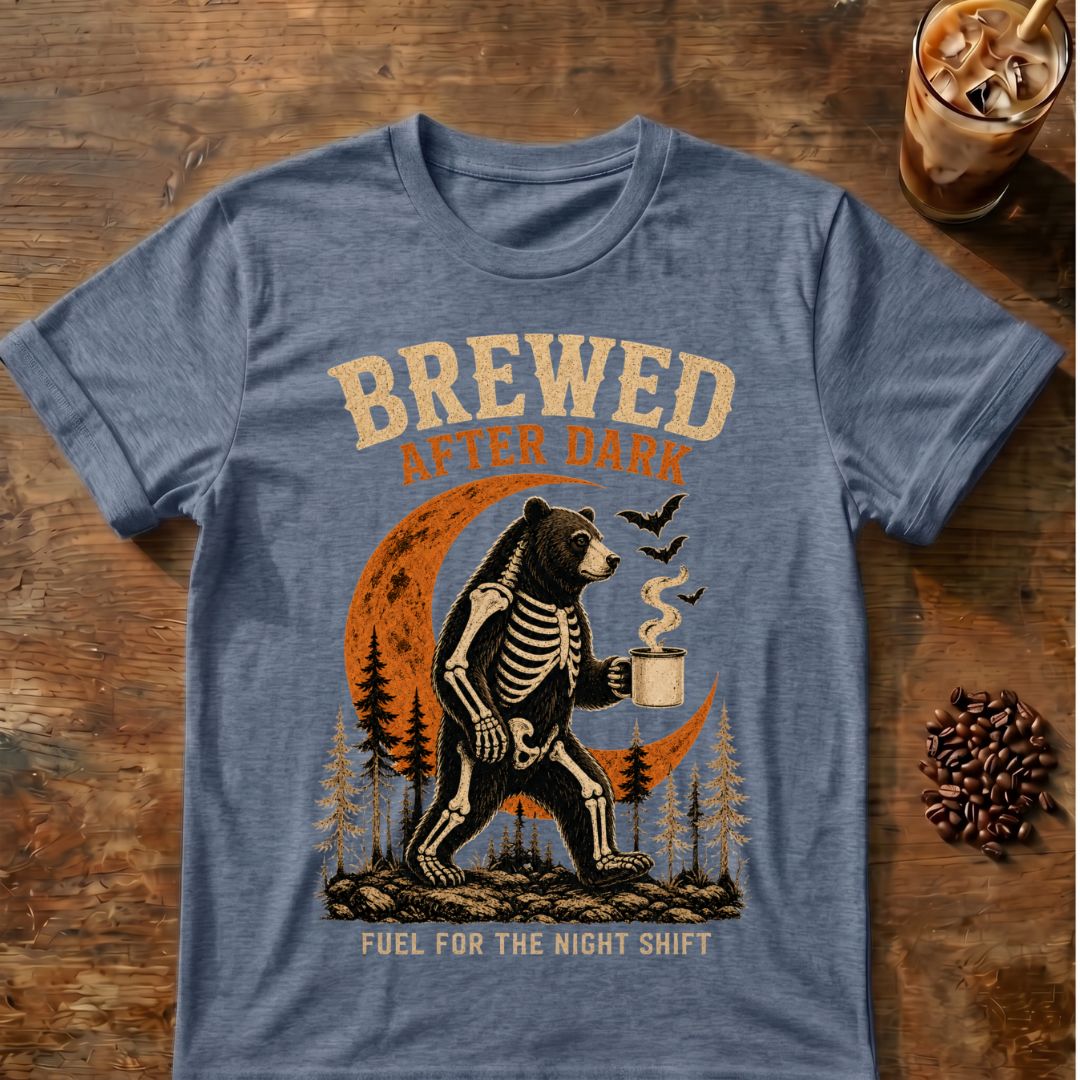 Bear coffee graphic for Brewed After Dark Bear Halloween on heather-indigo T-shirt
