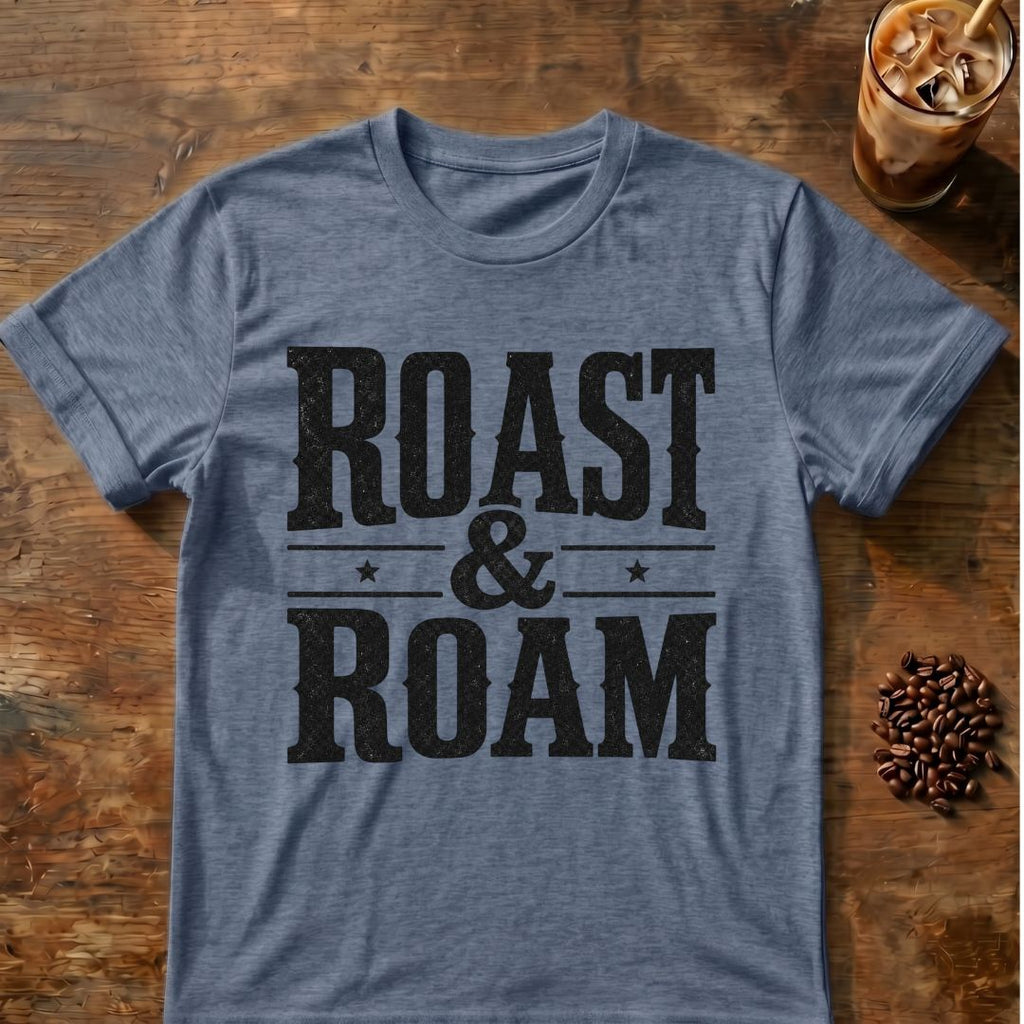 Cat coffee graphic for Roast and Roam on heather-indigo T-shirt