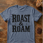 Cat coffee graphic for Roast and Roam on heather-indigo T-shirt