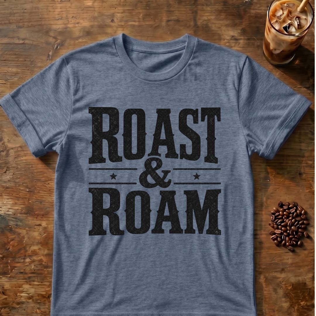 Cat coffee graphic for Roast and Roam on heather-indigo T-shirt