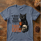 Cat coffee graphic for I Don't Need Therapy Cat on heather-indigo T-shirt