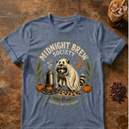 Raccoon coffee graphic for Midnight Brew Society Raccoon on heather-indigo T-shirt