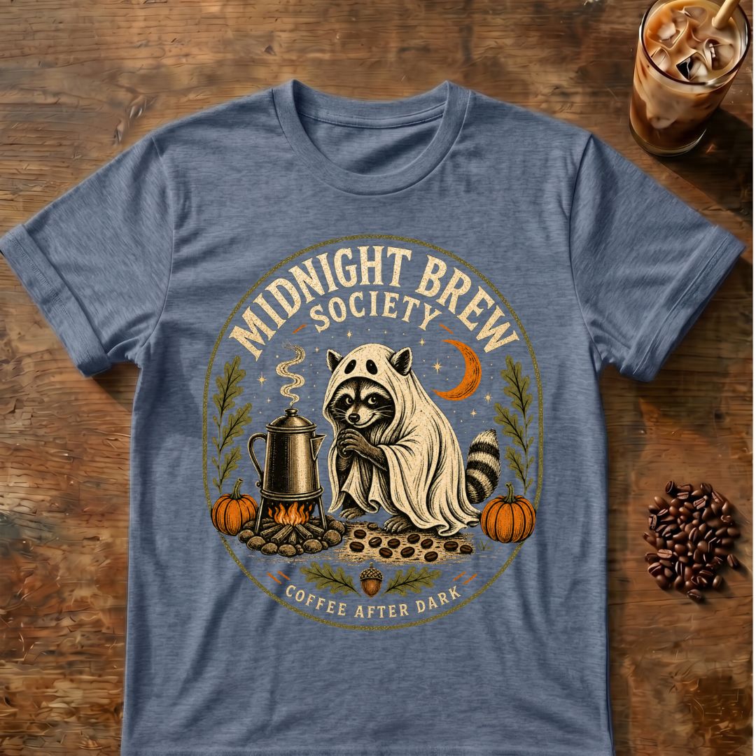 Raccoon coffee graphic for Midnight Brew Society Raccoon on heather-indigo T-shirt