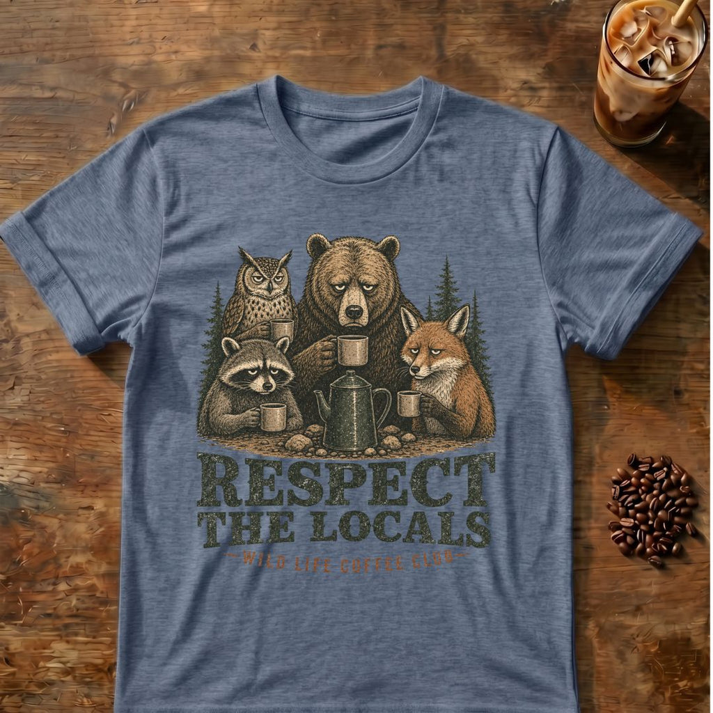 Raccoon coffee graphic for Respect the Locals Coffee Club on heather-indigo T-shirt