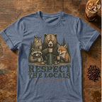 Raccoon coffee graphic for Respect the Locals Coffee Club on heather-indigo T-shirt