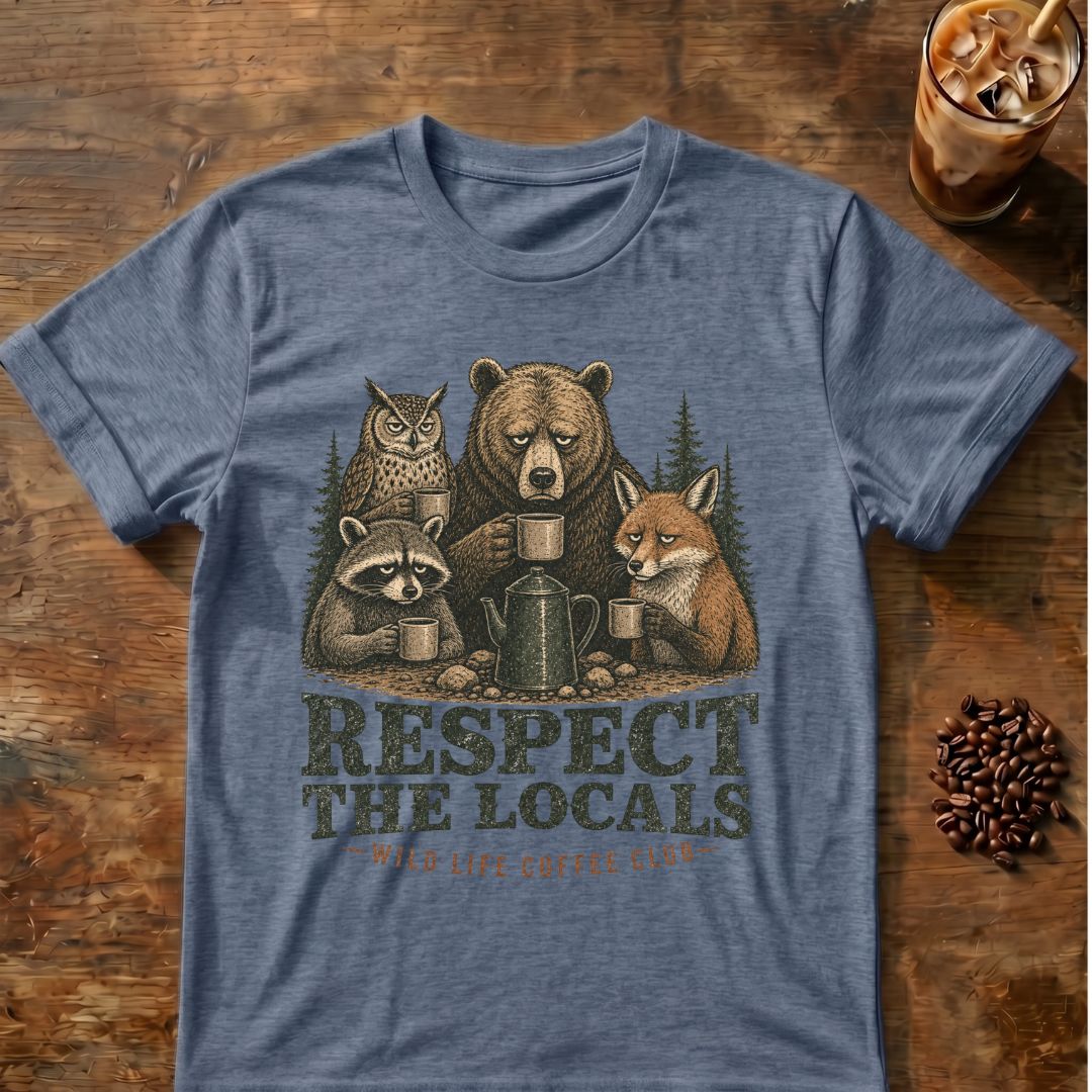 Raccoon coffee graphic for Respect the Locals Coffee Club on heather-indigo T-shirt
