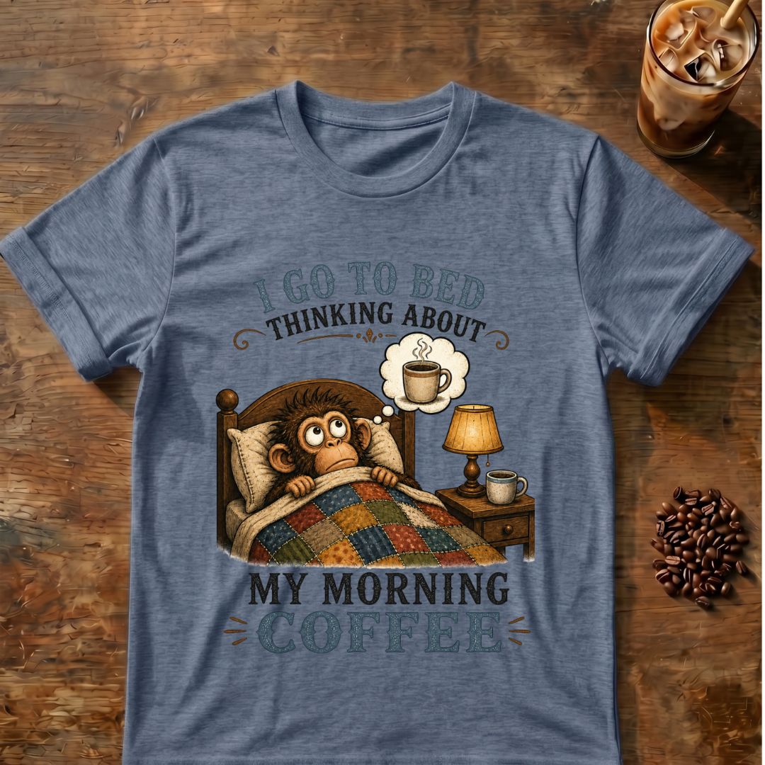 Monkey coffee graphic for Morning Coffee Monkey on heather-indigo T-shirt