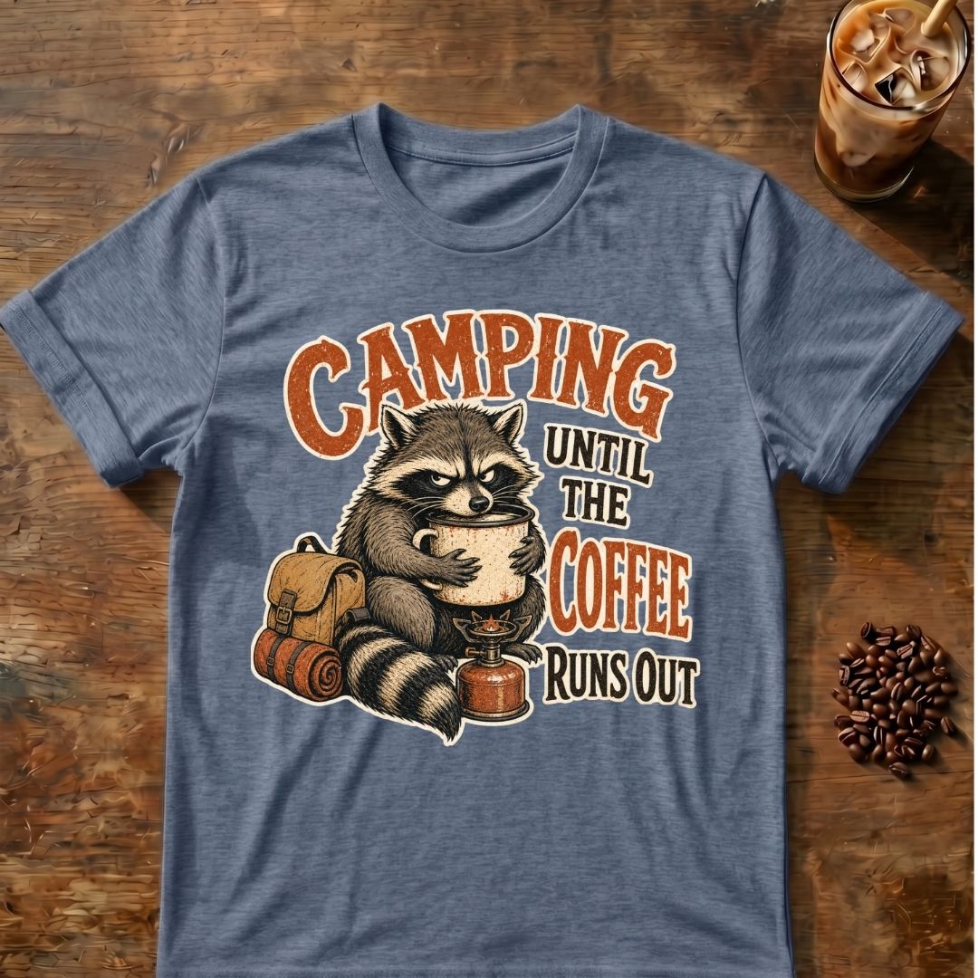 Raccoon coffee graphic for Camping Until on heather-indigo T-shirt
