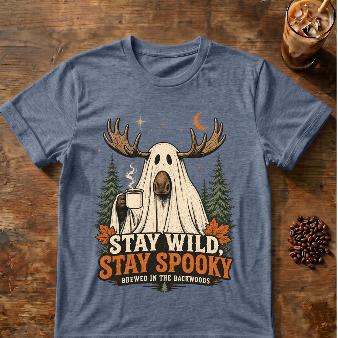 Moose coffee graphic for Stay Wild Stay Spooky Moose on heather-indigo T-shirt