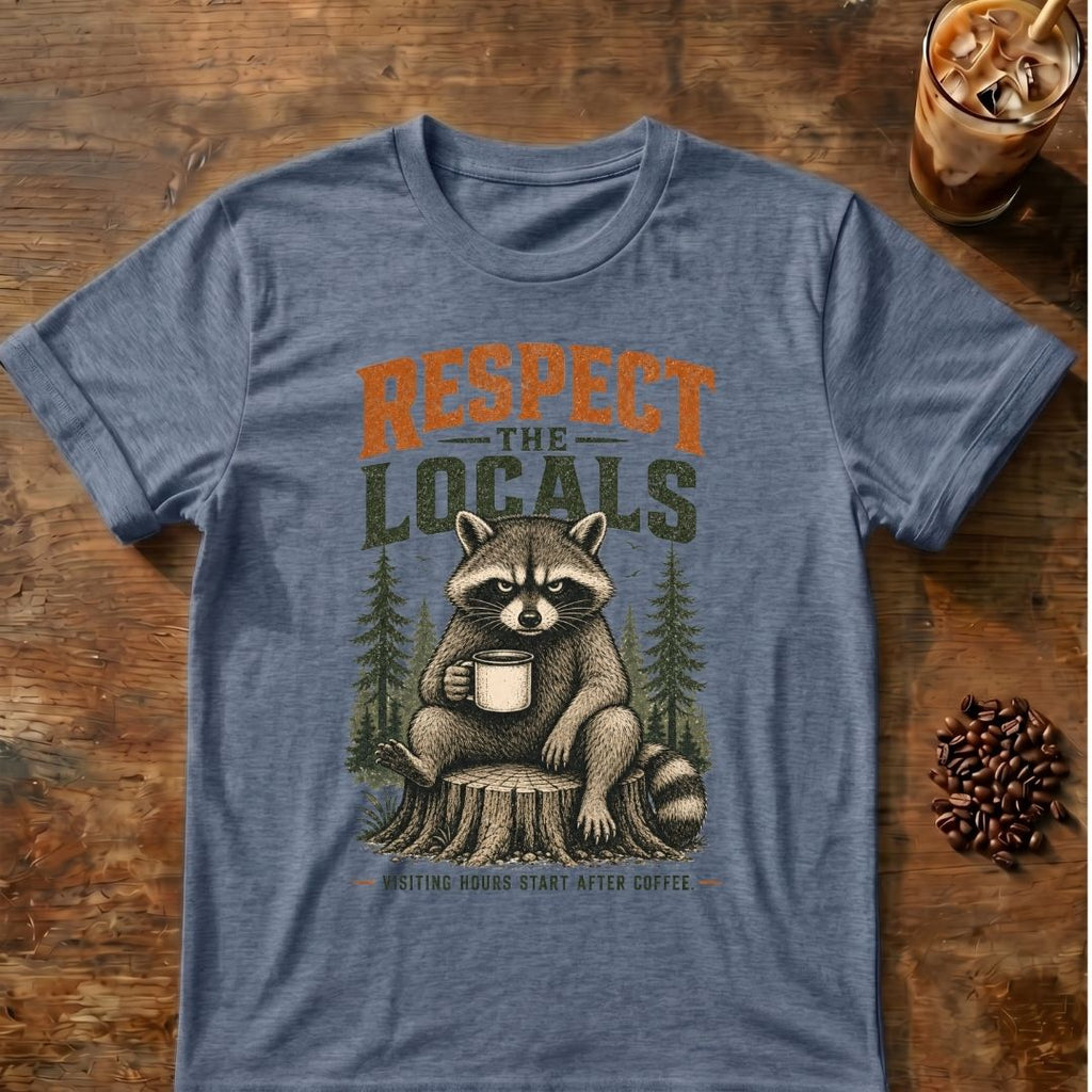 Raccoon coffee graphic for Respect the Locals Raccoon on heather-indigo T-shirt