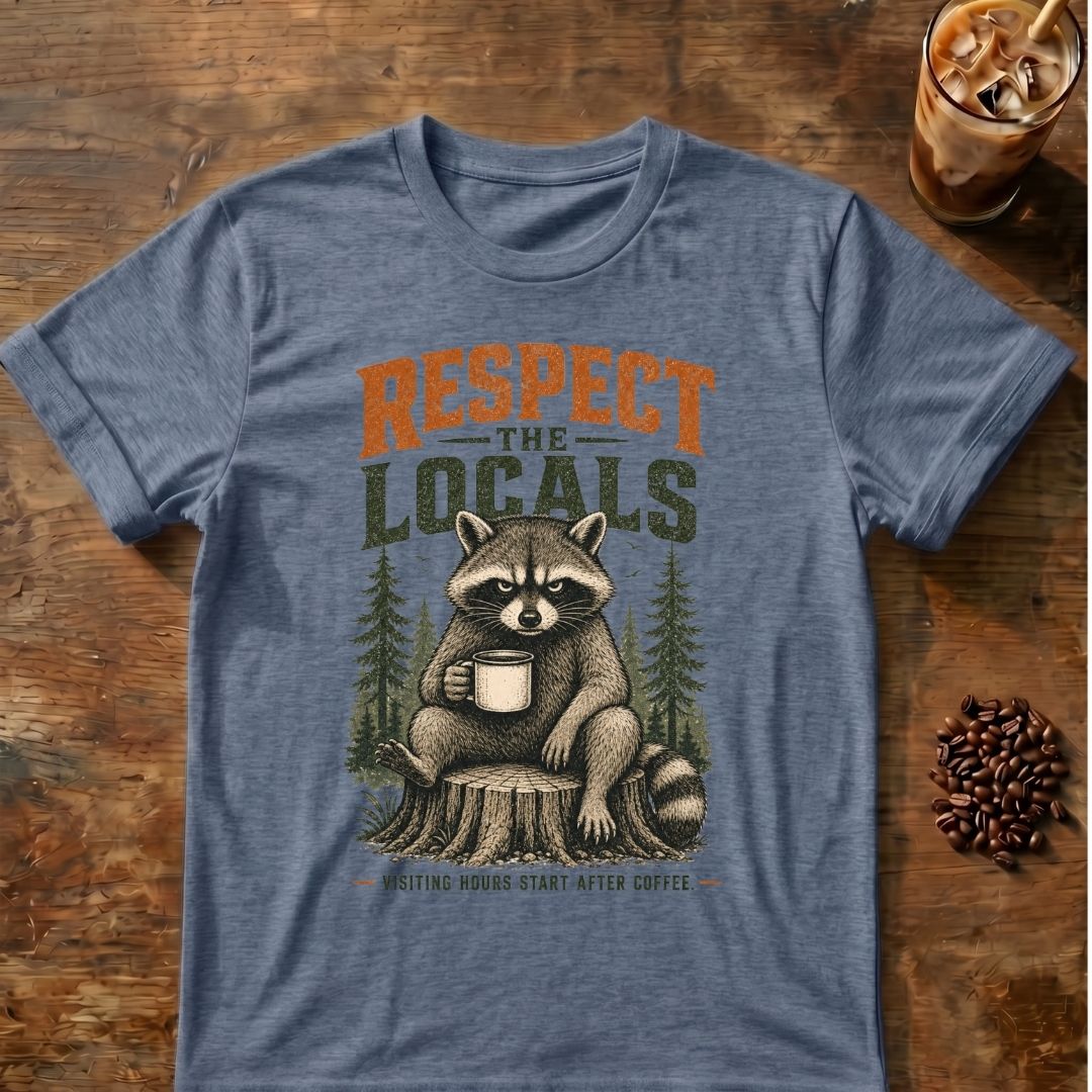 Raccoon coffee graphic for Respect the Locals Raccoon on heather-indigo T-shirt